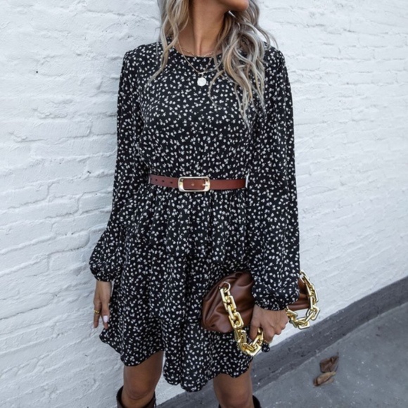 boho black floral print tiered ruffle mini dress Cottage Core - Picture 3 of 5